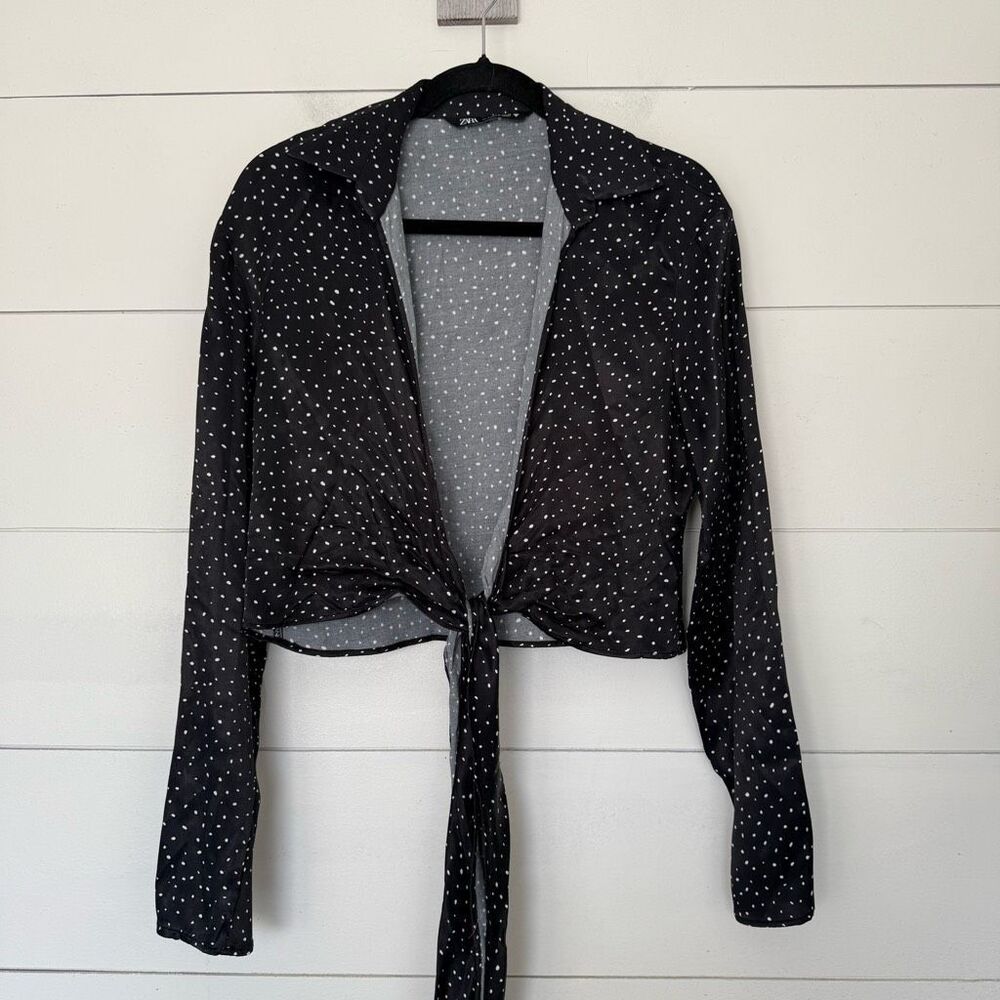 Zara Women’s Small Black Polka Dot Tie Front Blouse
